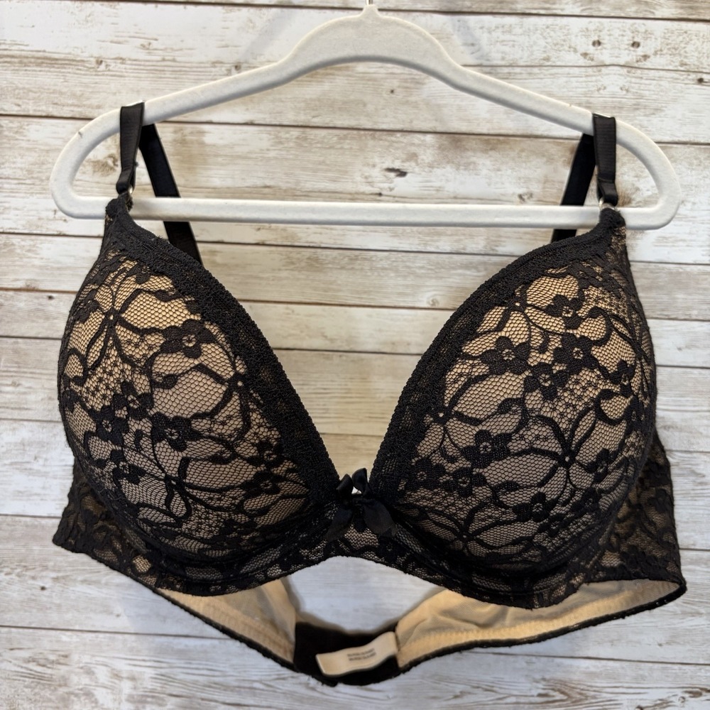 Aerie Drew Womens 36B Push Up Bra Black Nude Floral Lace Underwire Padded Plunge